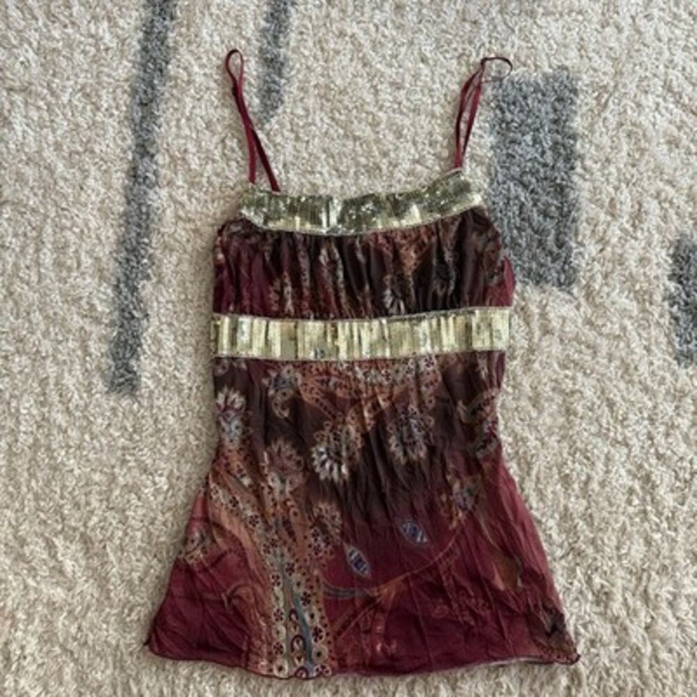 Vtg Y2K Cami Fairy Gold Sequin Top Size Medium Burgundy Paisley Boho Festival